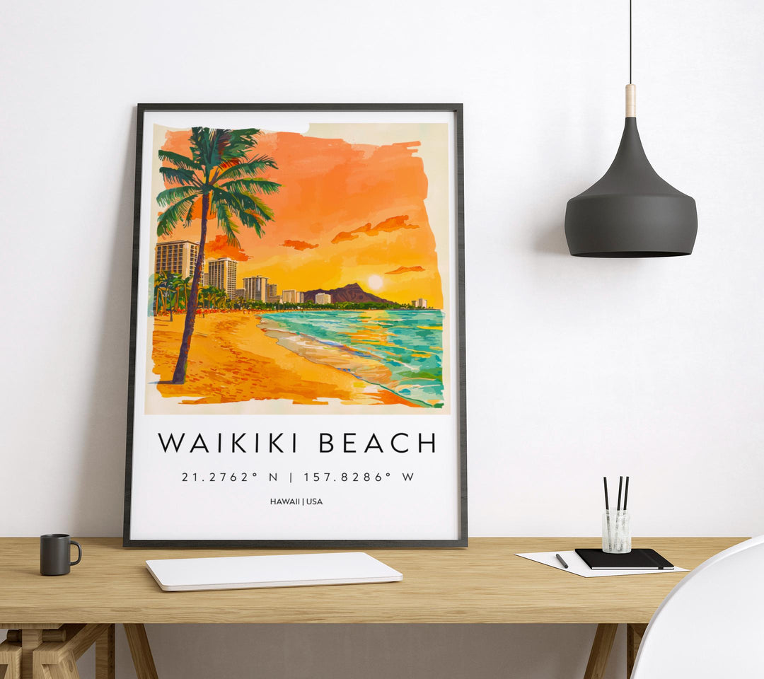Waikiki Beach Watercolor Poster Wall Art Waikiki Beach Wall Hanging Home Décor Waikiki Beach Gift Art Lovers United States Wall Art