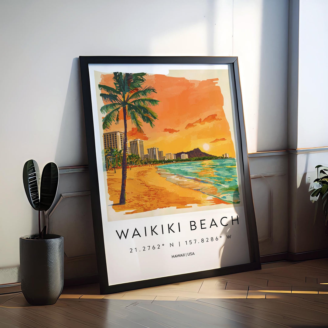 Waikiki Beach Watercolor Poster Wall Art Waikiki Beach Wall Hanging Home Décor Waikiki Beach Gift Art Lovers United States Wall Art