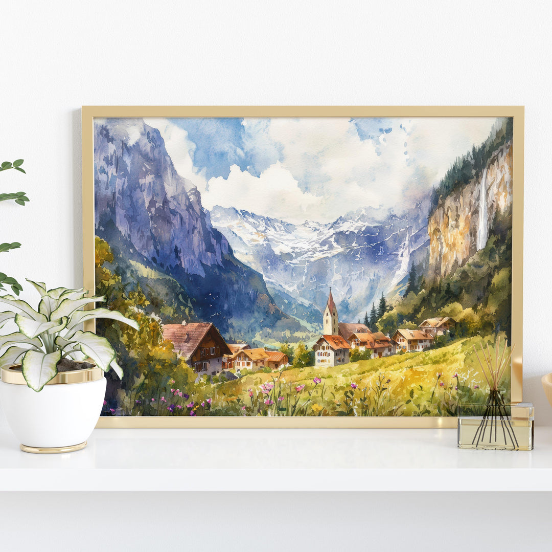 Lauterbrunnen Watercolor Poster Landscape Wall Art Lauterbrunnen Wall Hanging Home Décor Lauterbrunnen Gift Art Lovers Switzerland Wall Art