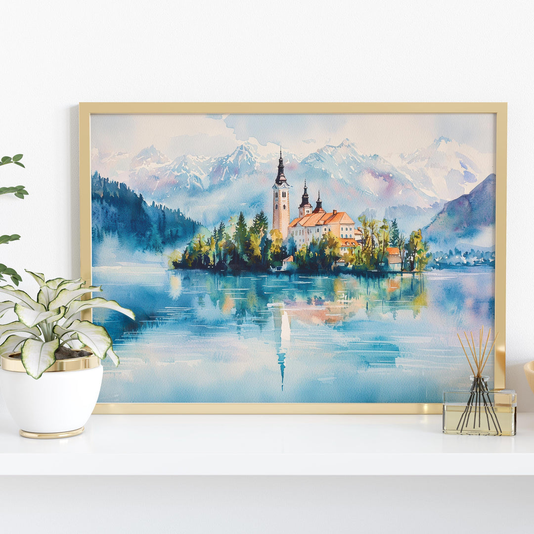 Lake Bled Watercolor Poster Landscape Wall Art Lake Bled Wall Hanging Home Décor Lake Bled Gift Art Lovers Slovenia Wall Art