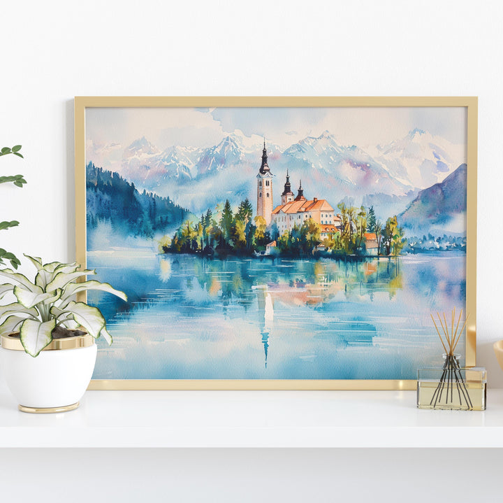 Lake Bled Watercolor Poster Landscape Wall Art Lake Bled Wall Hanging Home Décor Lake Bled Gift Art Lovers Slovenia Wall Art