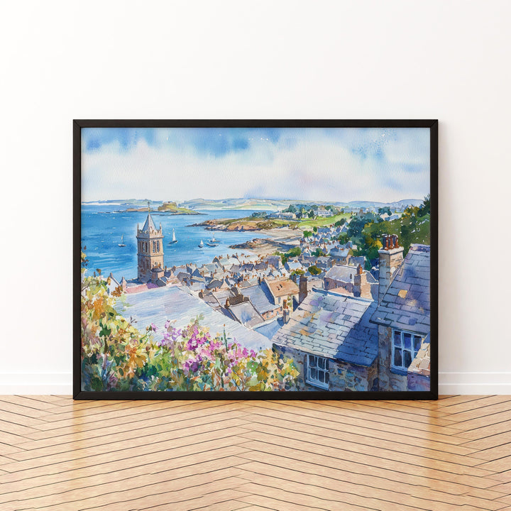 Marazion Cornwall Watercolor Poster Marazion Travel Print Coastal Village Painting Seaside Wall Art UK Beach Decor Souvenir