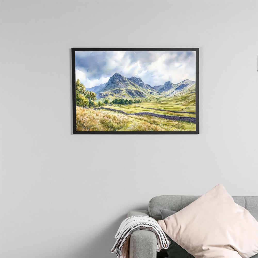 Langdale England Watercolor Poster Langdale Travel Print Lake District Painting Mountain Landscape Wall Art UK Souvenir