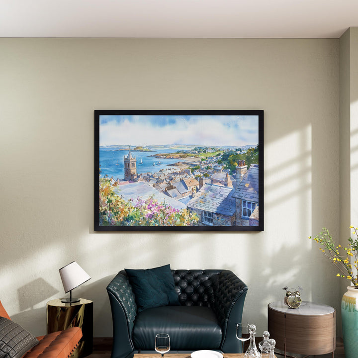 Marazion Cornwall Watercolor Poster Marazion Travel Print Coastal Village Painting Seaside Wall Art UK Beach Decor Souvenir