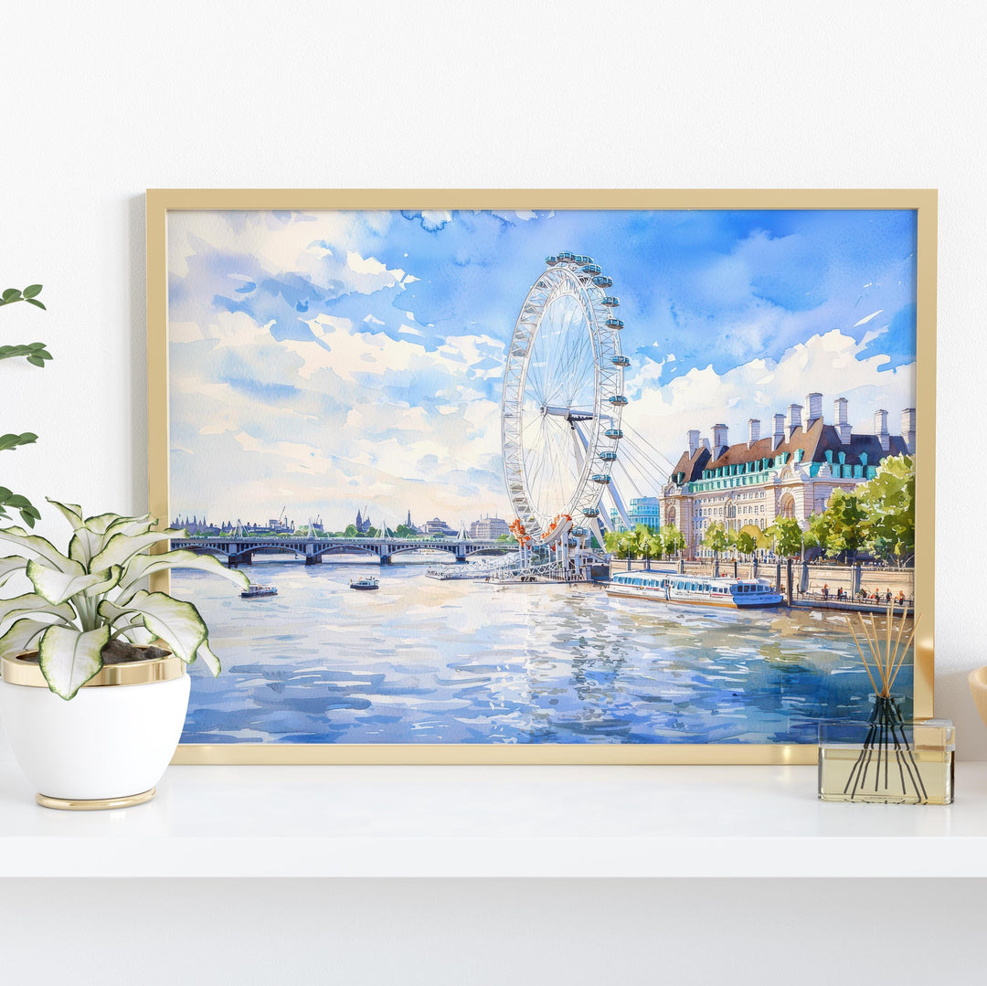 London Eye Watercolor Poster London Travel Print Ferris Wheel Painting City Landmark Wall Art UK Decor Souvenir