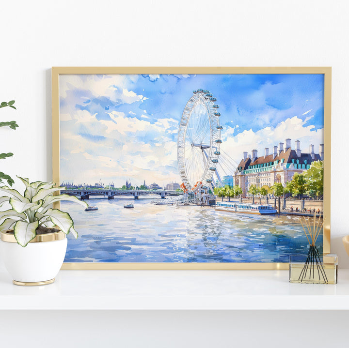 London Eye Watercolor Poster London Travel Print Ferris Wheel Painting City Landmark Wall Art UK Decor Souvenir