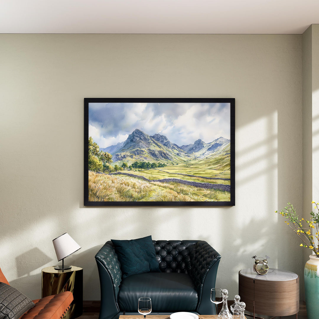 Langdale England Watercolor Poster Langdale Travel Print Lake District Painting Mountain Landscape Wall Art UK Souvenir