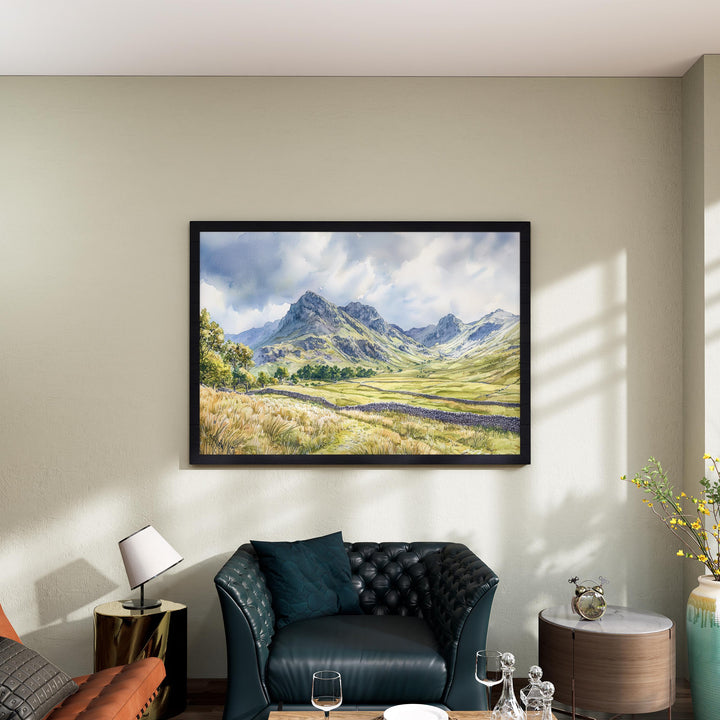 Langdale England Watercolor Poster Langdale Travel Print Lake District Painting Mountain Landscape Wall Art UK Souvenir