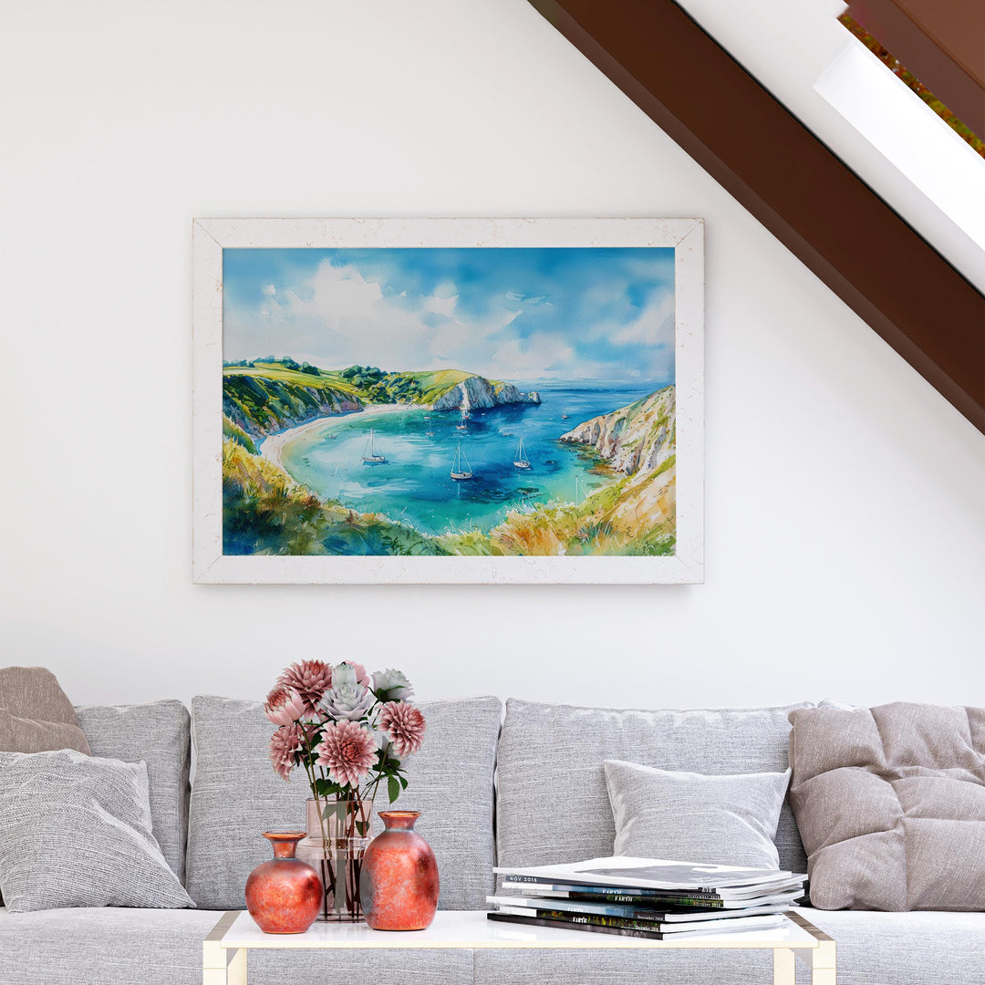 Lulworth Cove England Watercolor Poster Lulworth Cove Travel Print Dorset Coast Painting Seaside Wall Art UK Souvenir