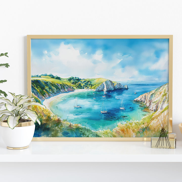 Lulworth Cove England Watercolor Poster Lulworth Cove Travel Print Dorset Coast Painting Seaside Wall Art UK Souvenir