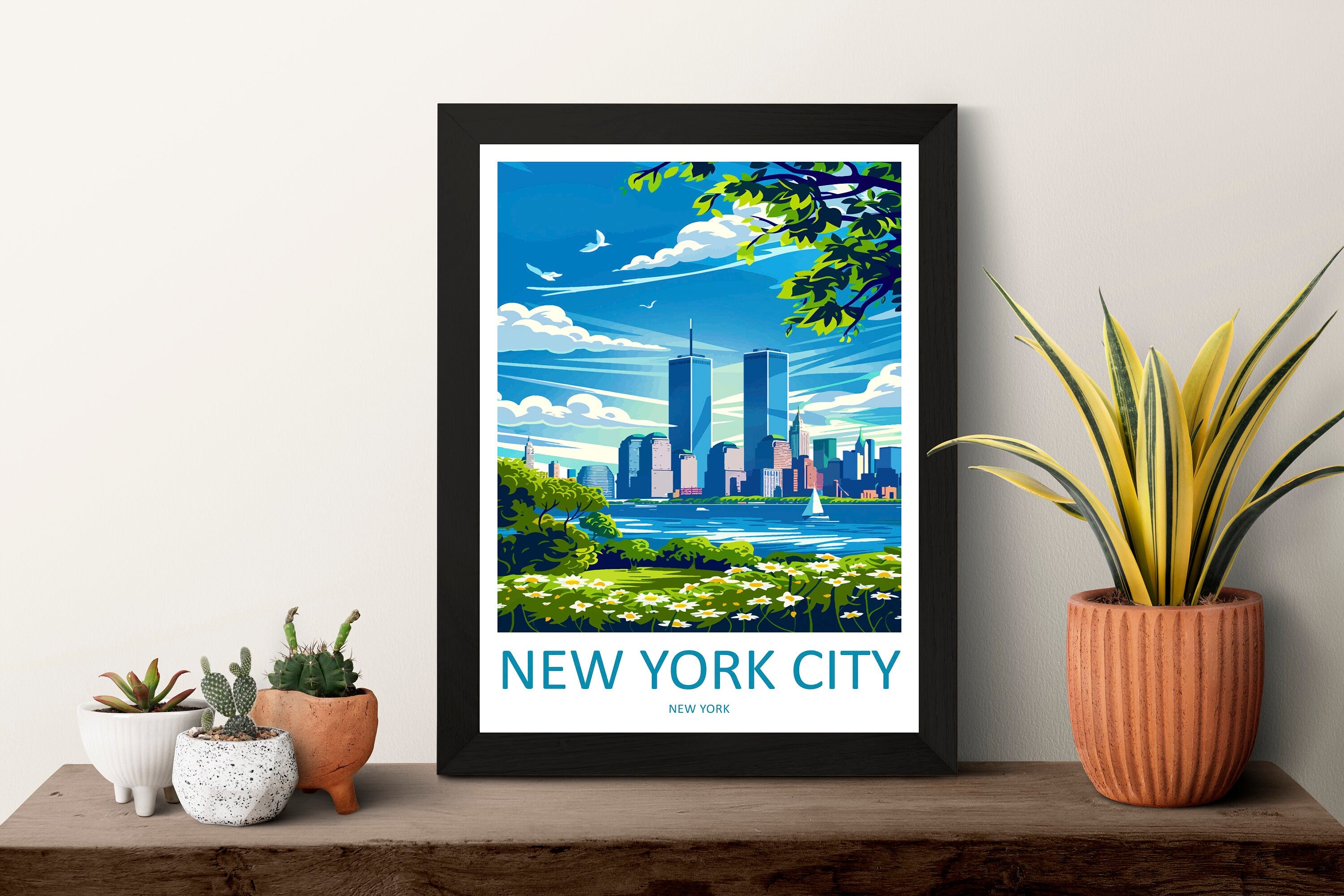 New York Twin Towers Retro Travel Print