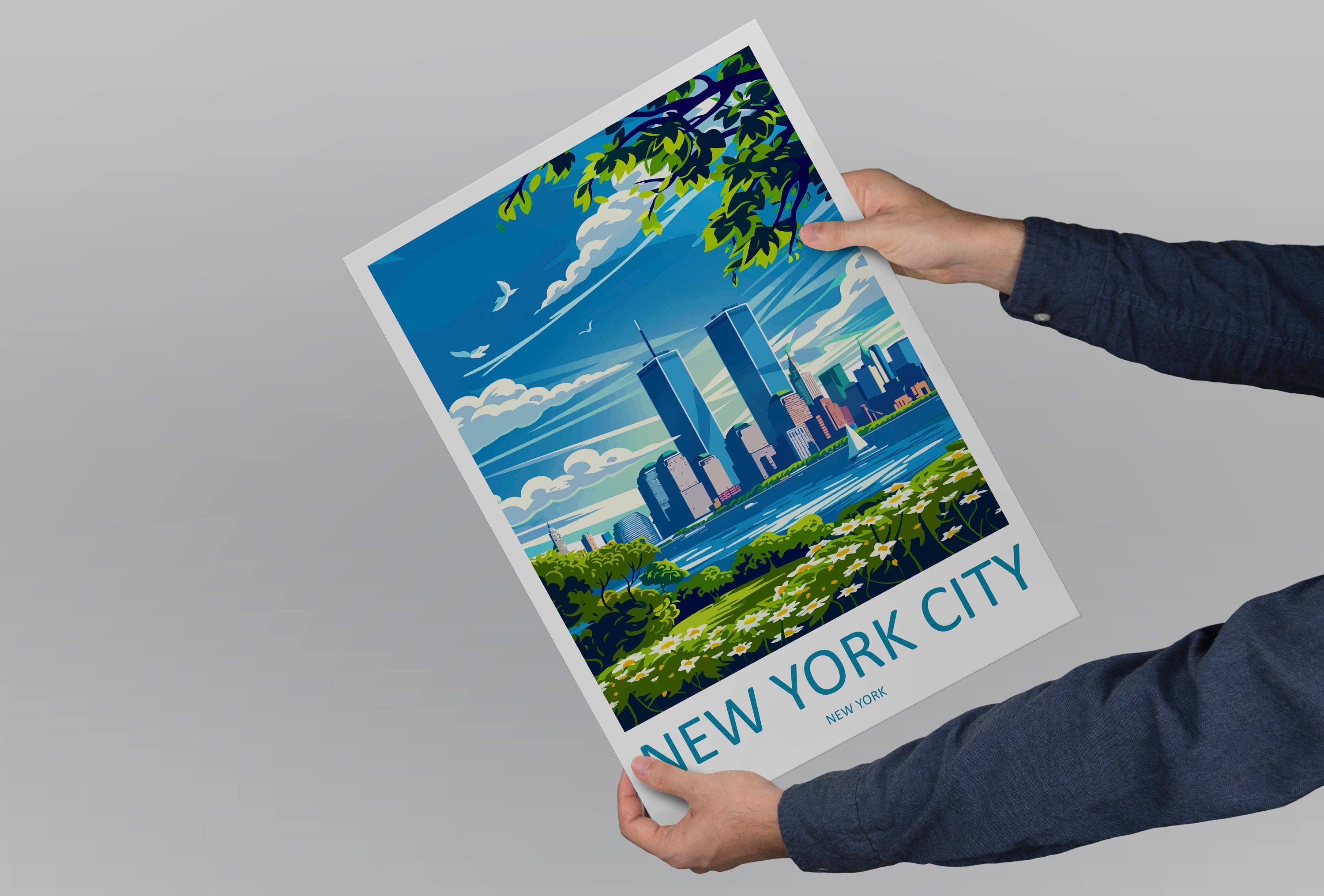 New York Twin Towers Retro Travel Print