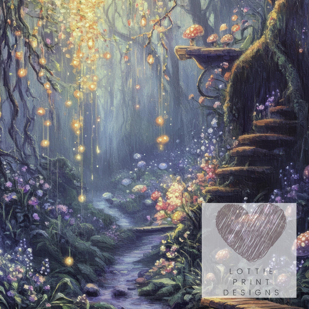 Fairy Garden Print, Vintage Fantasy Cottagecore Wall Art