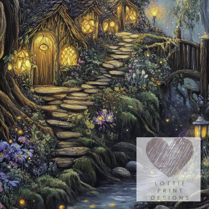 Vintage Fairy Village Art Print: Cottagecore Fantasy Poster
