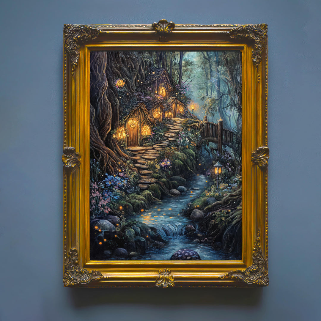 Vintage Fairy Village Art Print: Cottagecore Fantasy Poster