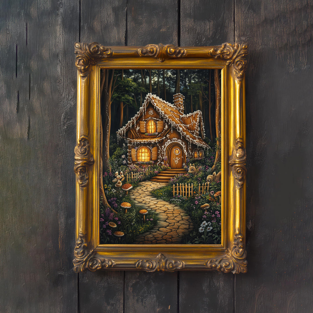 Gingerbread House Print, Vintage Fairy Tale Cottagecore Decor
