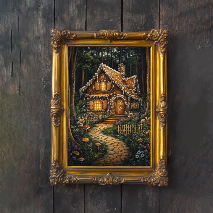 Gingerbread House Print, Vintage Fairy Tale Cottagecore Decor
