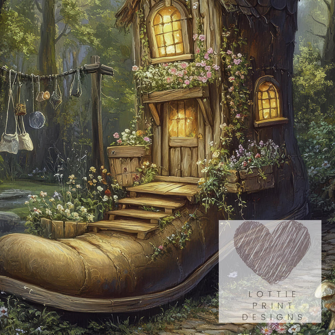 Shoe House Garden Print, Vintage Fairytale Cottagecore Art