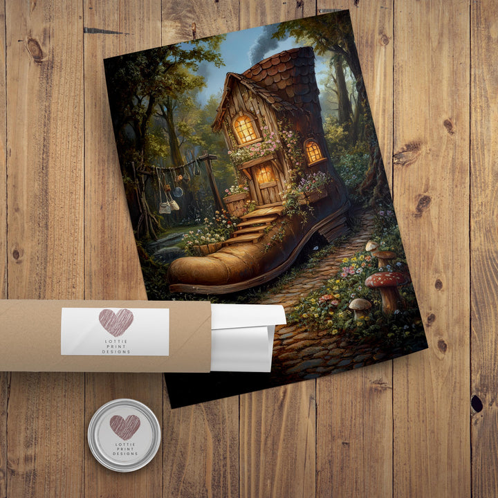 Shoe House Garden Print, Vintage Fairytale Cottagecore Art