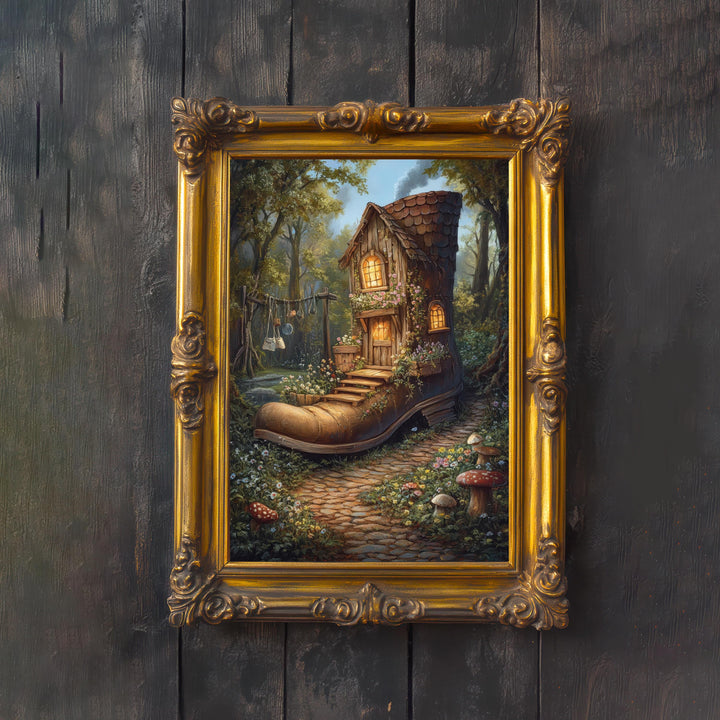 Shoe House Garden Print, Vintage Fairytale Cottagecore Art