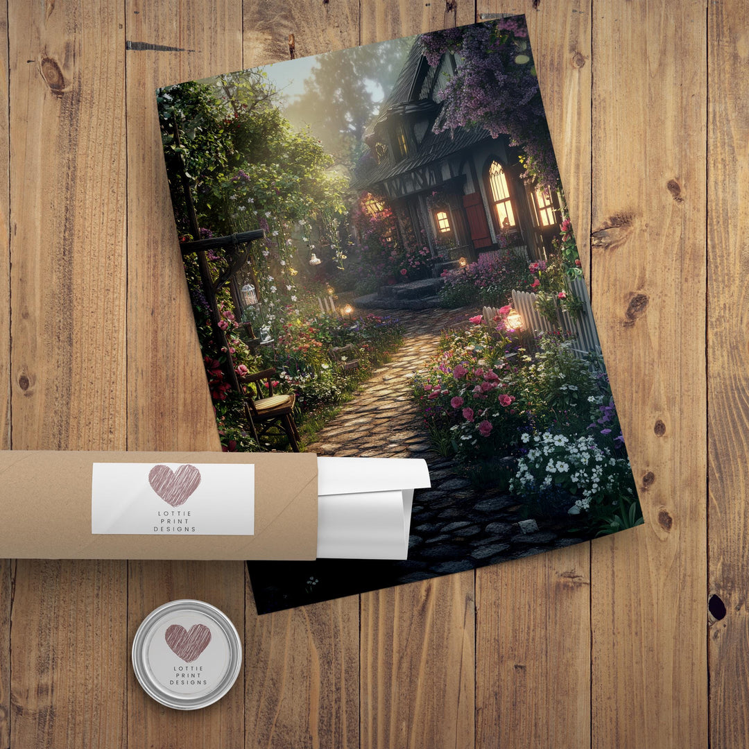 Vintage Fairy Village Print – Cottagecore Fantasy Wall Decor