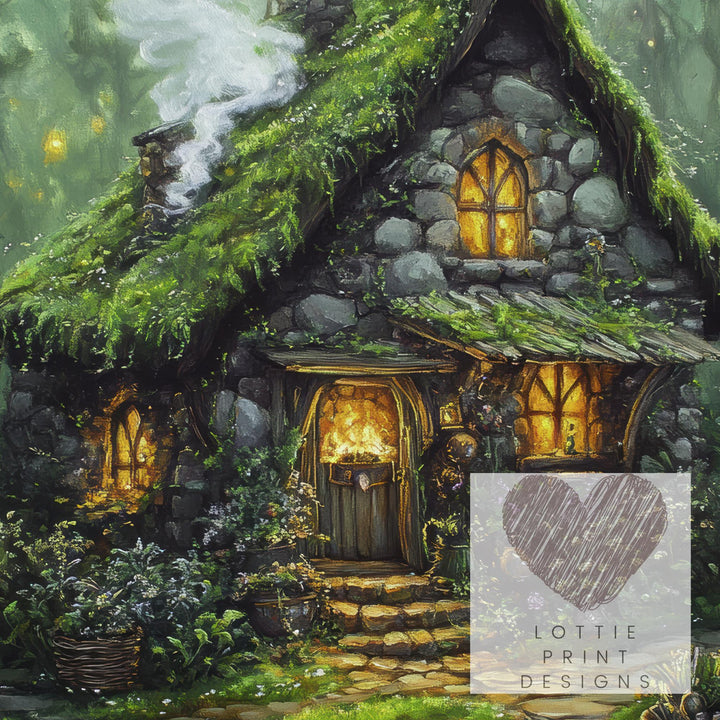 Witch Cottage Print, Vintage Gothic Art, Enchanted Forest Poster