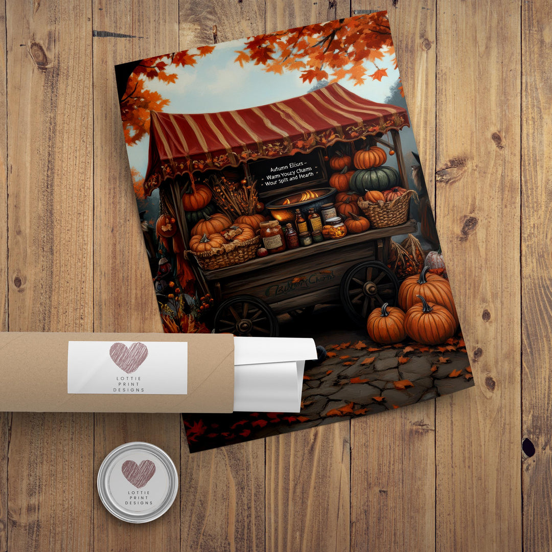 Witch's Pumpkin Wagon Print, Vintage Autumn Cottagecore Wall Art
