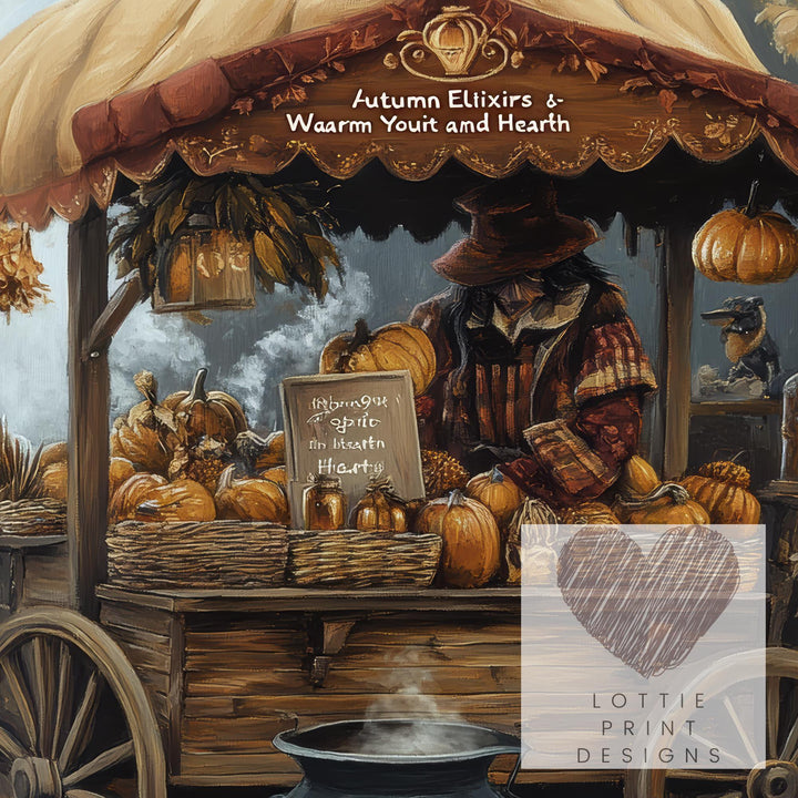 Witch's Pumpkin Wagon Print, Vintage Autumn Cottagecore Art