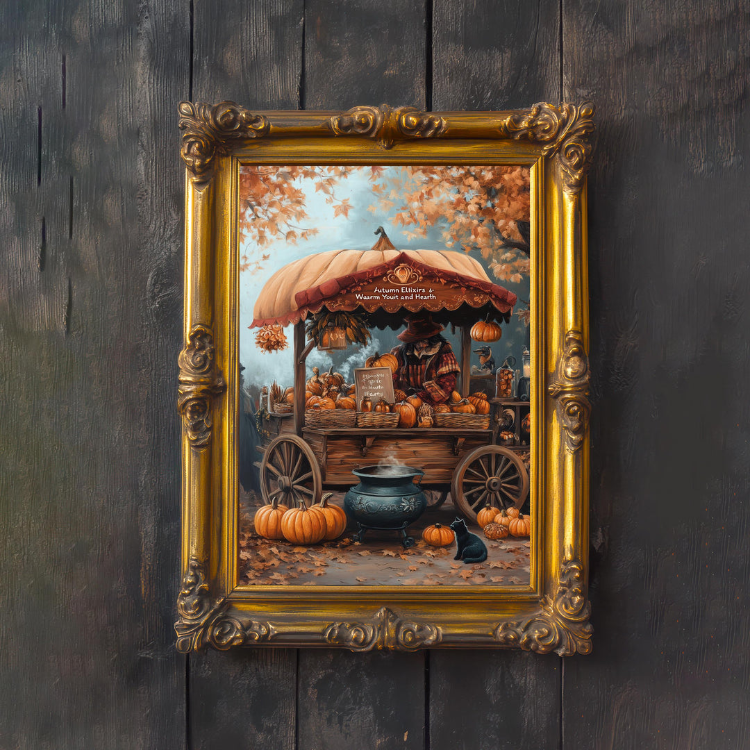 Witch's Pumpkin Wagon Print, Vintage Autumn Cottagecore Art