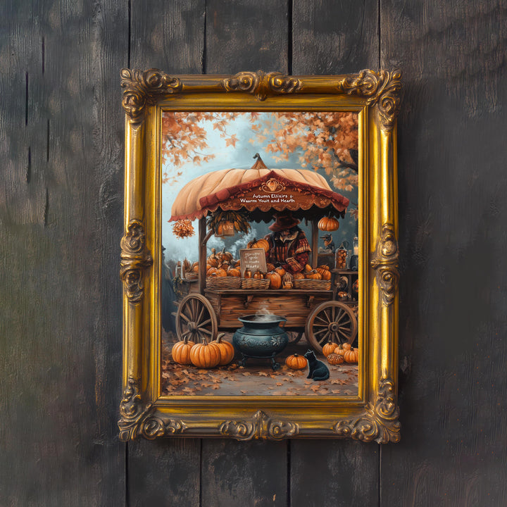 Witch's Pumpkin Wagon Print, Vintage Autumn Cottagecore Art