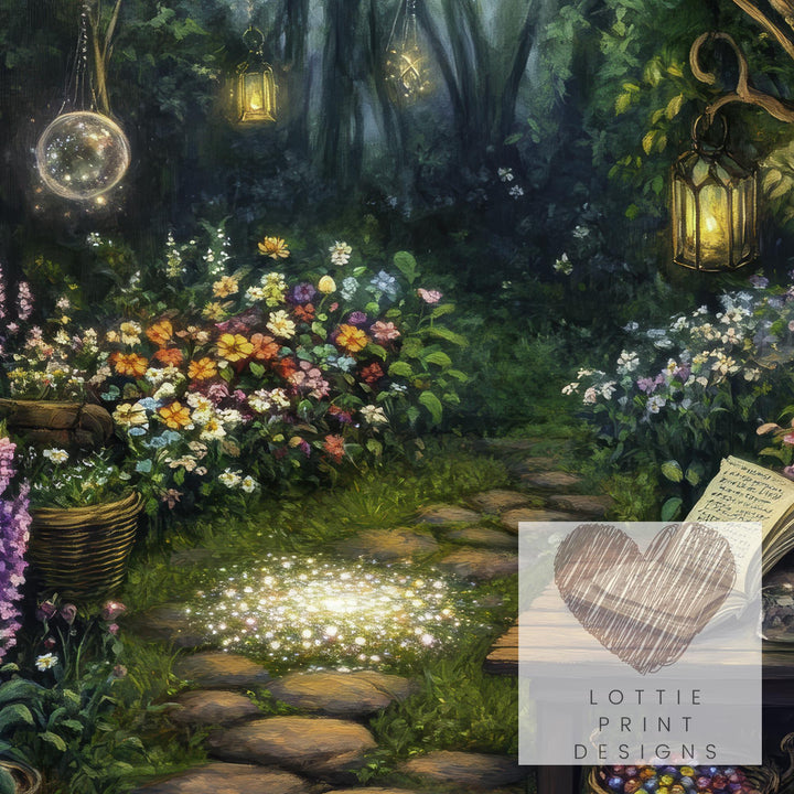 Wildflower Spell Garden Print, Vintage Witchy Cottagecore Wall Art