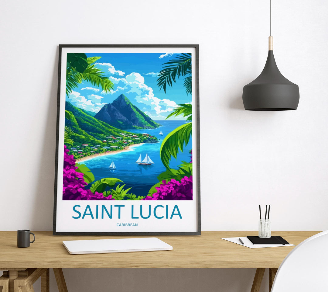 Saint Lucia Travel Print St Lucia Wall Art Caribbean Island Poster Tropical Decor Gift for Beach Lover Pitons Sunset Art Print