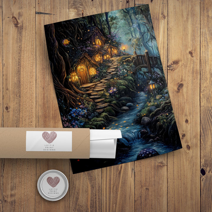 Vintage Fairy Village Art Print: Cottagecore Fantasy Poster