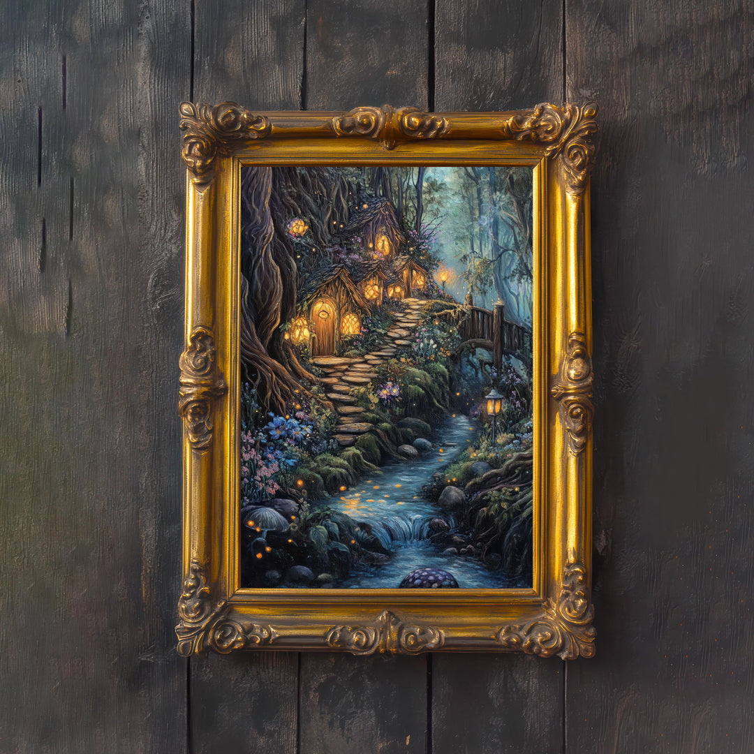 Vintage Fairy Village Art Print: Cottagecore Fantasy Poster