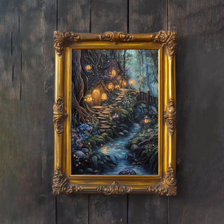 Vintage Fairy Village Art Print: Cottagecore Fantasy Poster