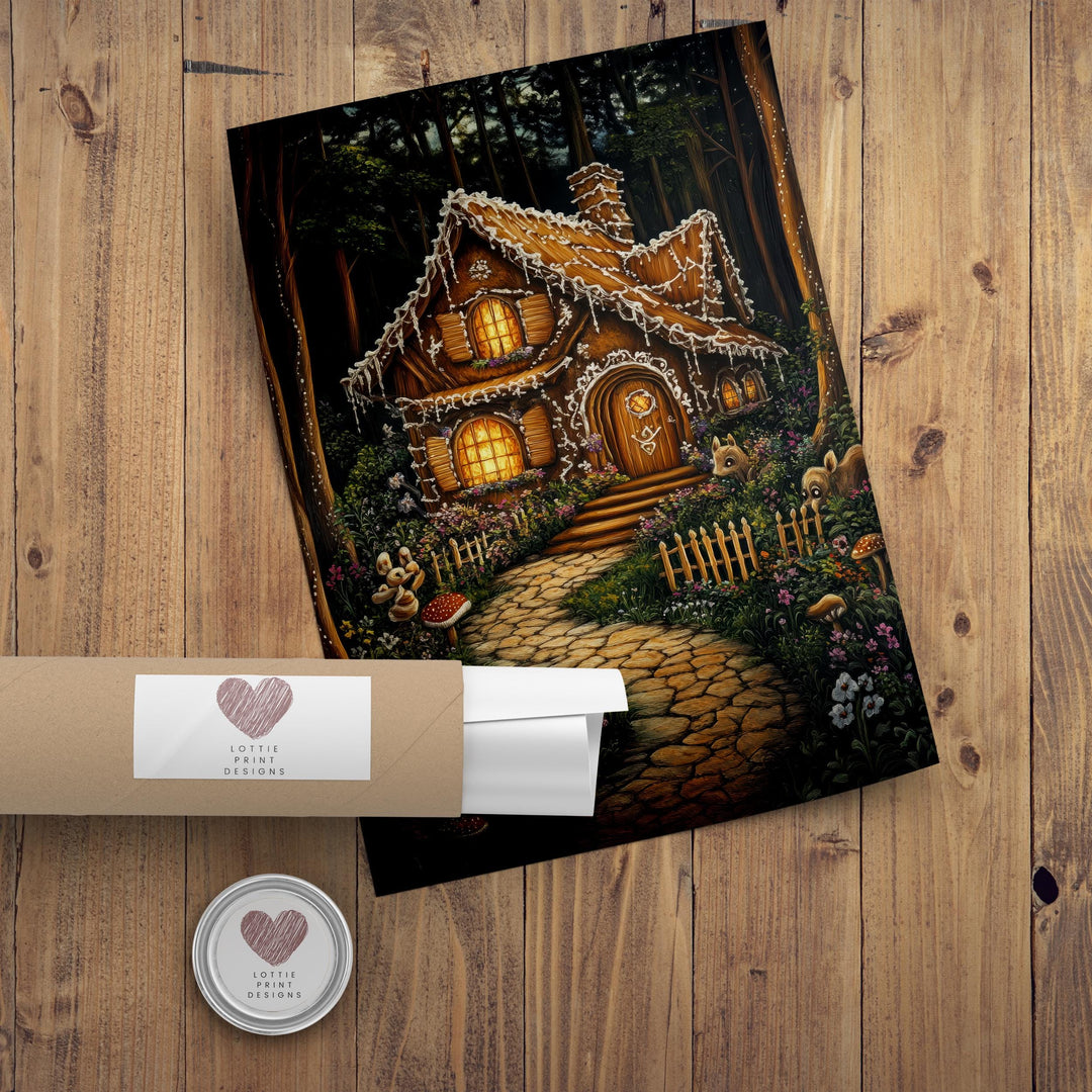 Gingerbread House Print, Vintage Fairy Tale Cottagecore Decor