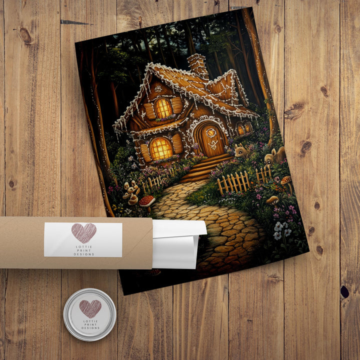 Gingerbread House Print, Vintage Fairy Tale Cottagecore Decor