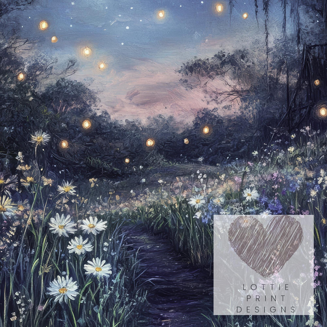 Moonlit Meadow Print, Vintage Night Landscape Art