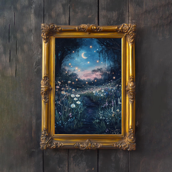 Moonlit Meadow Print, Vintage Night Landscape Art