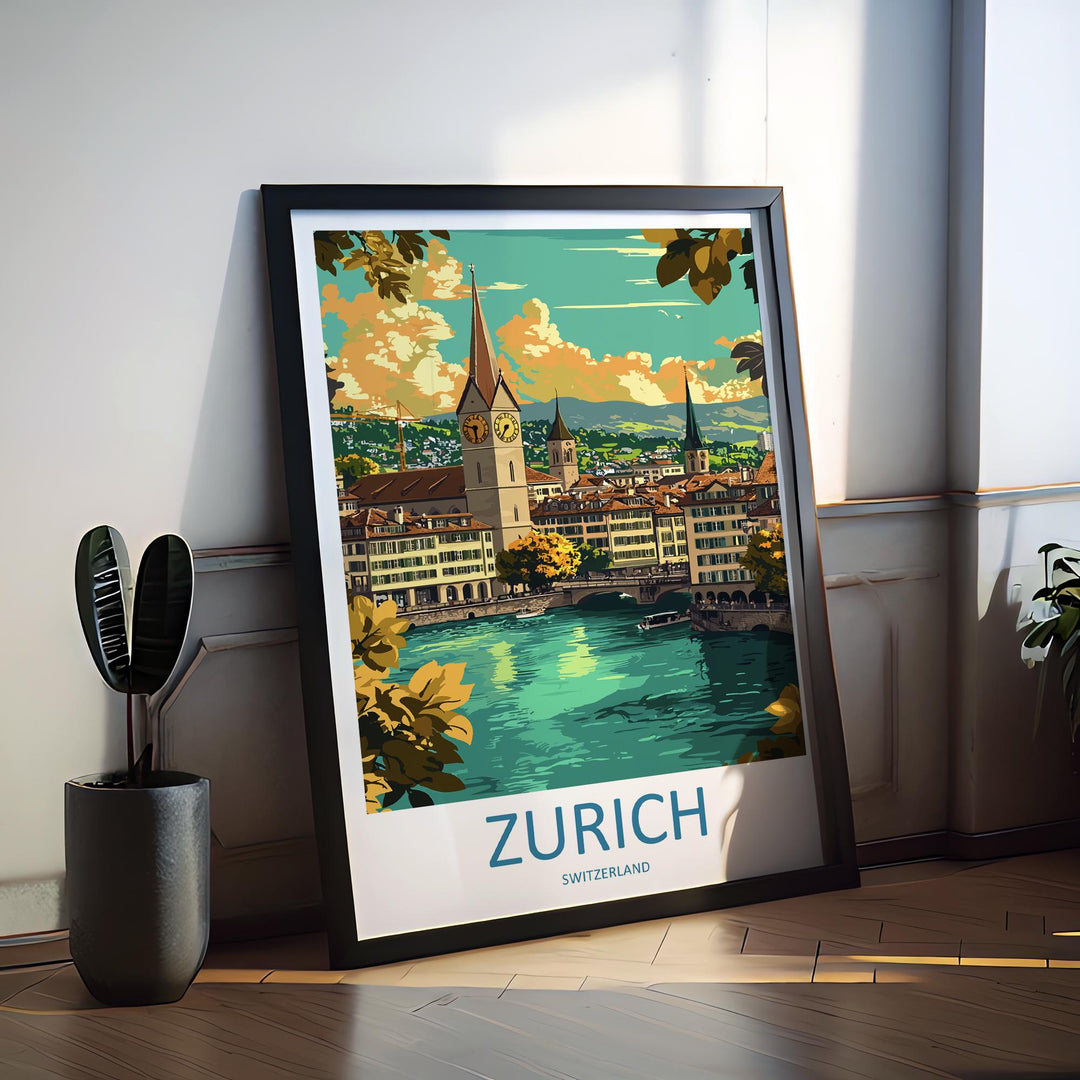 Zurich Travel Print Switzerland Wall Art Cityscape Poster Lake Zurich Decor Gift for Europe Lover Swiss Architecture Art