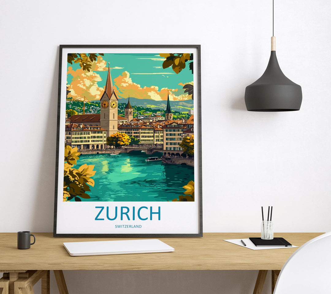 Zurich Travel Print Switzerland Wall Art Cityscape Poster Lake Zurich Decor Gift for Europe Lover Swiss Architecture Art