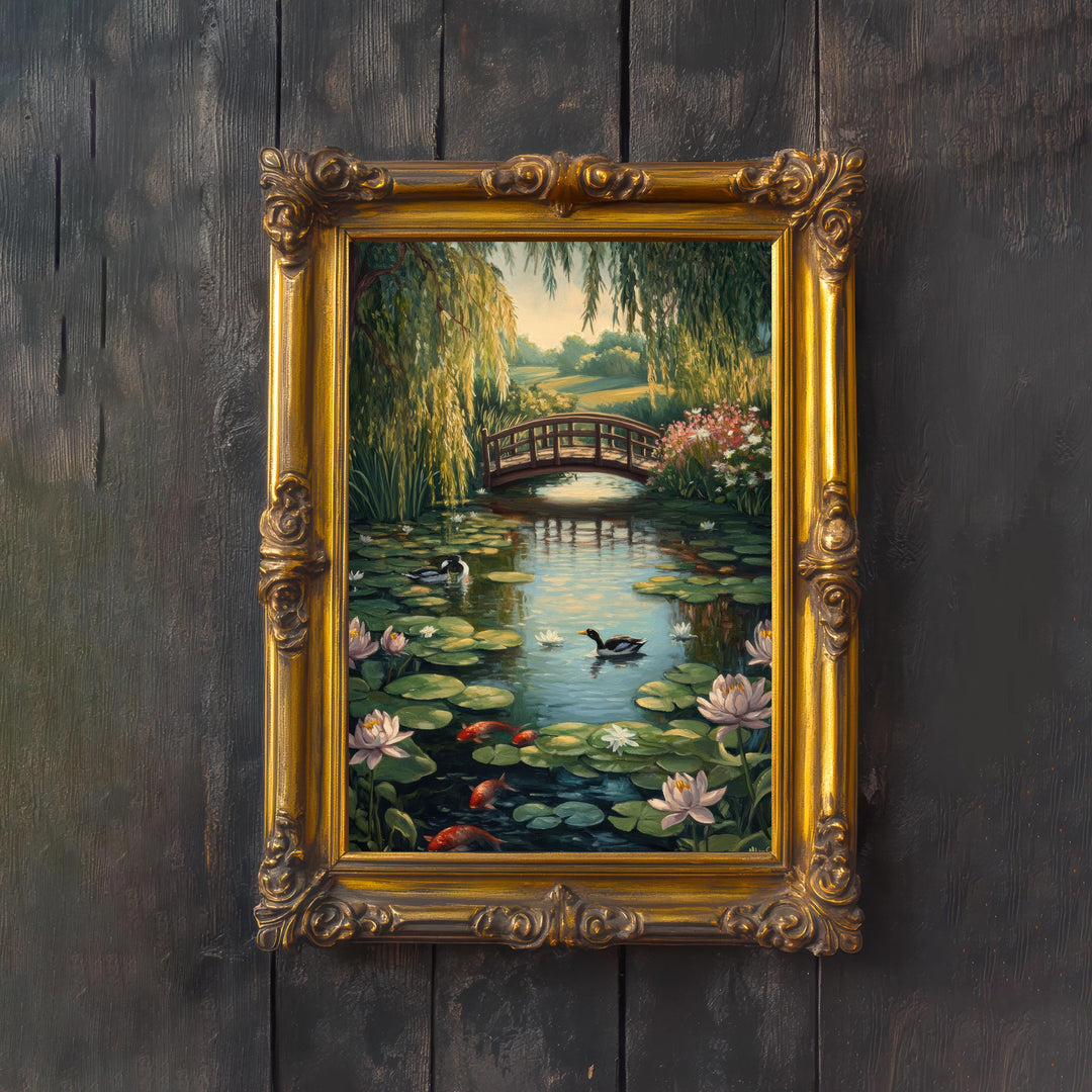 Cottagecore Pond Art Print: Vintage Landscape Illustration