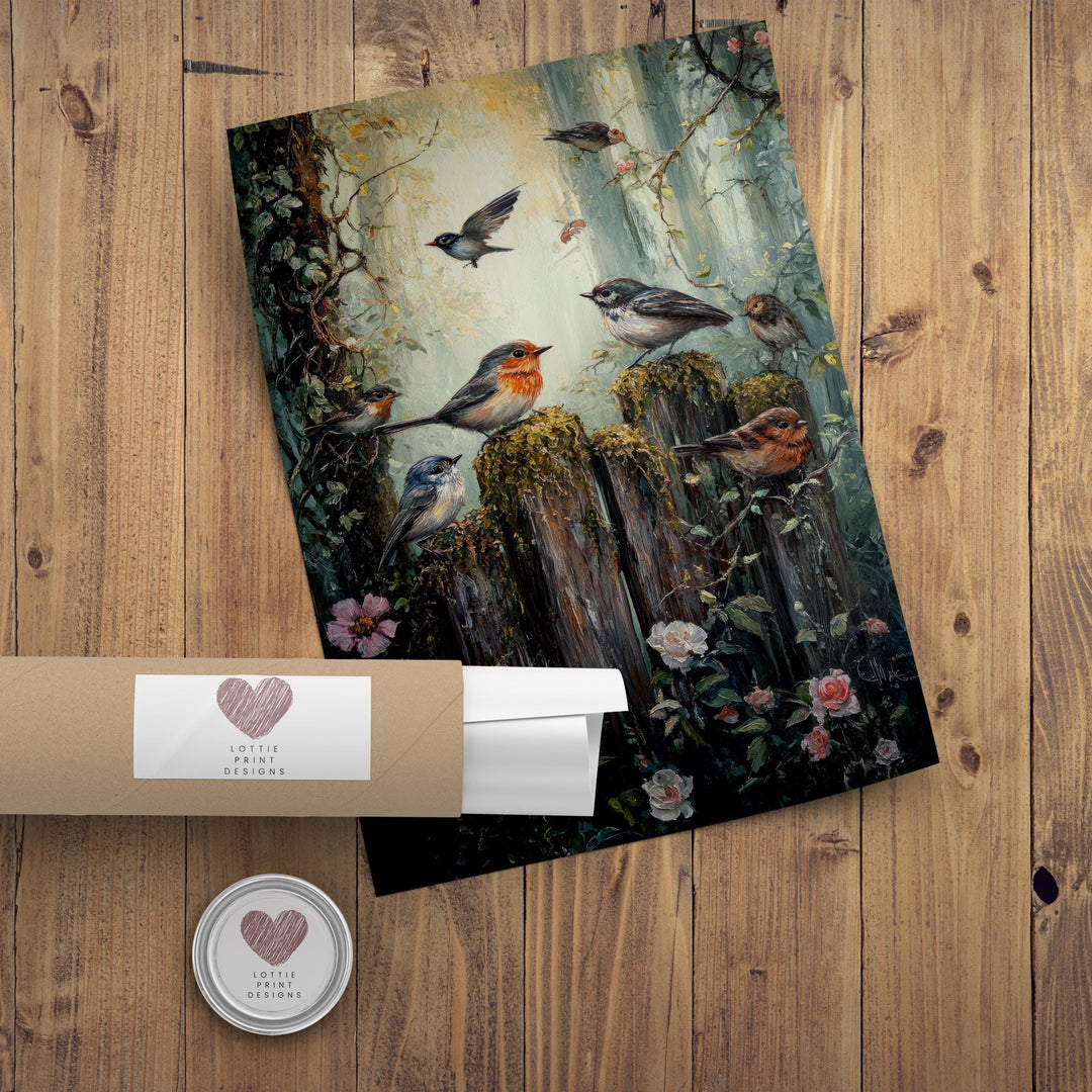 Vintage Singing Birds Print, Woodland Animal Art, Cottagecore Decor