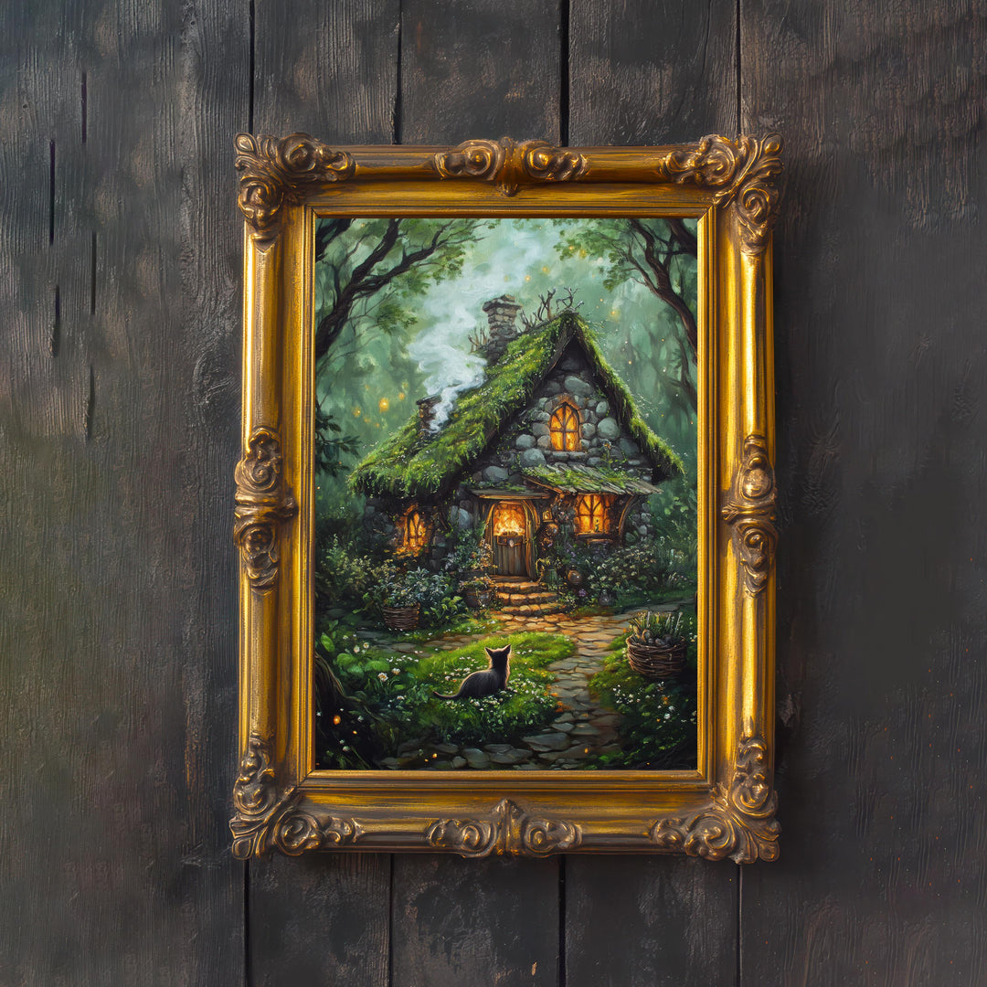 Witch Cottage Print, Vintage Gothic Art, Enchanted Forest Poster