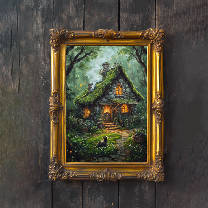 Witch Cottage Print, Vintage Gothic Art, Enchanted Forest Poster
