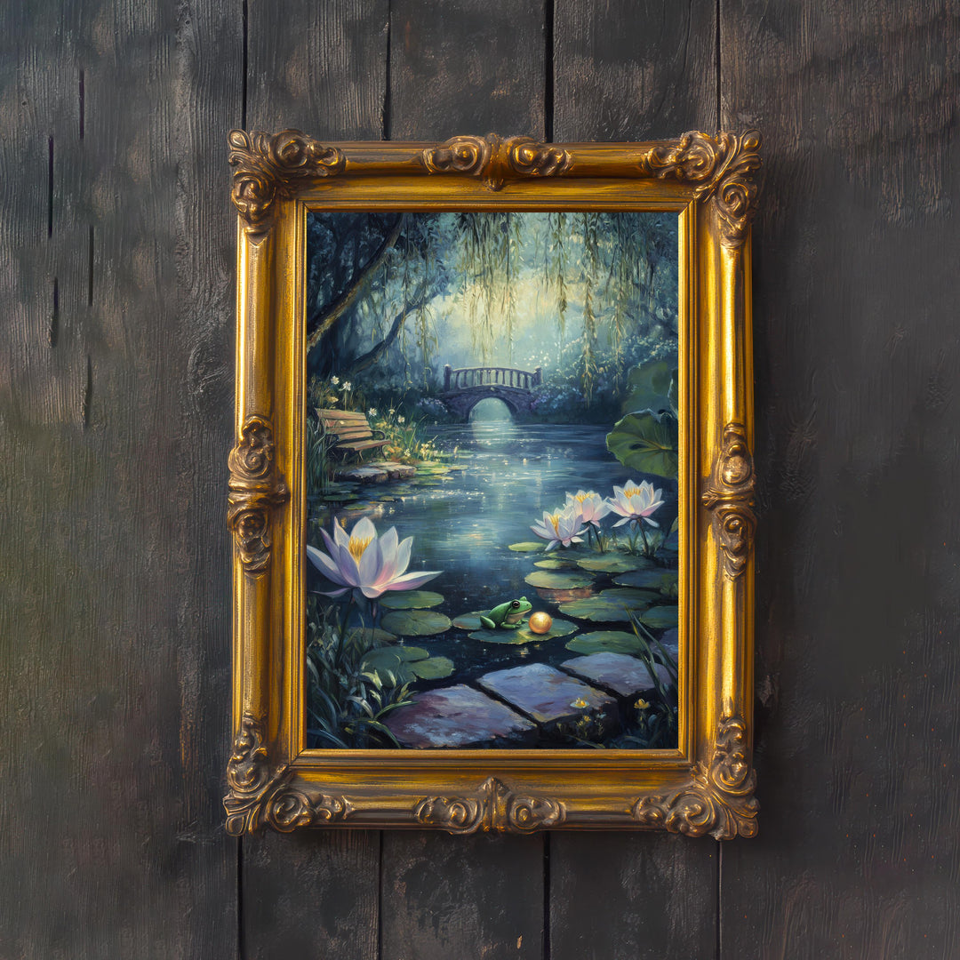 Frog Pond Cottagecore Art Print: Vintage Nature Illustration