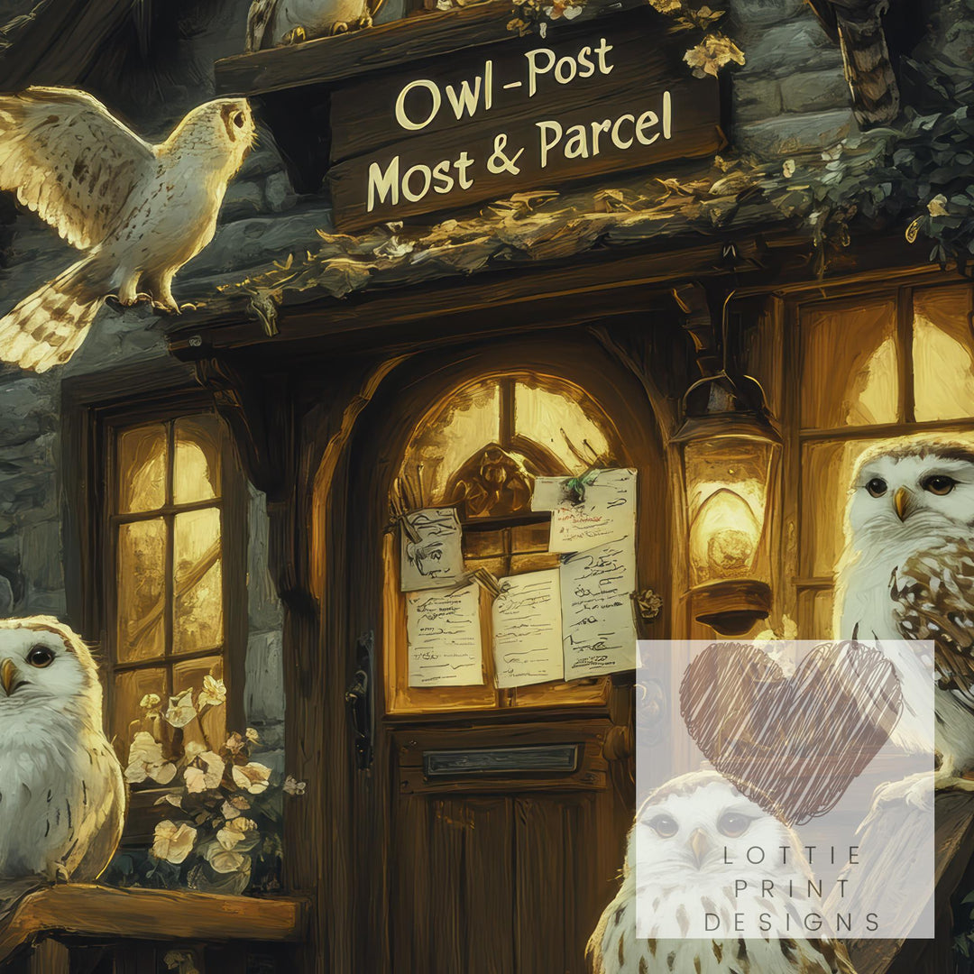 Owl Post Cottage Print, Vintage Witchy Dark Academia Wall Art