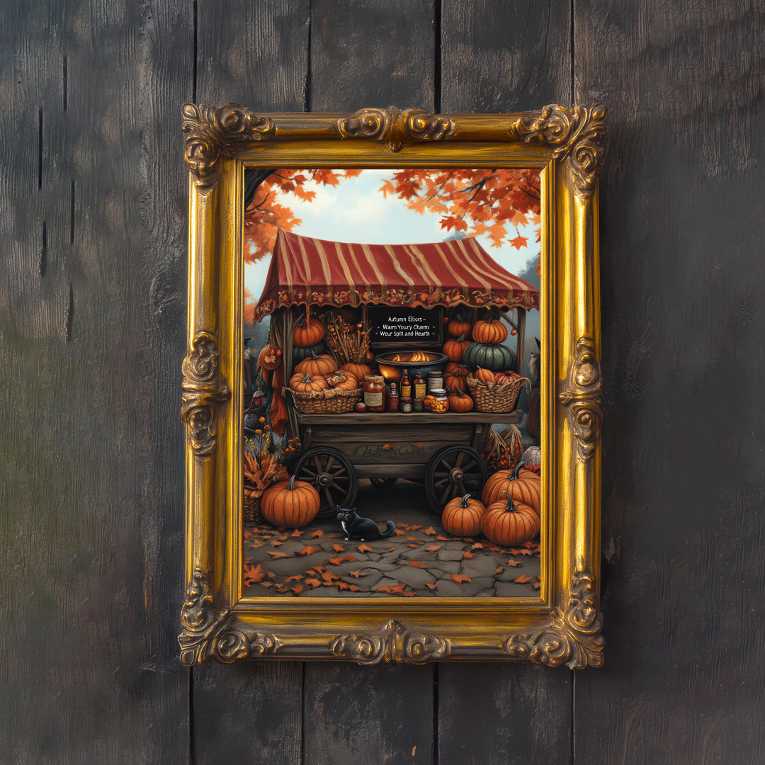 Witch's Pumpkin Wagon Print, Vintage Autumn Cottagecore Wall Art