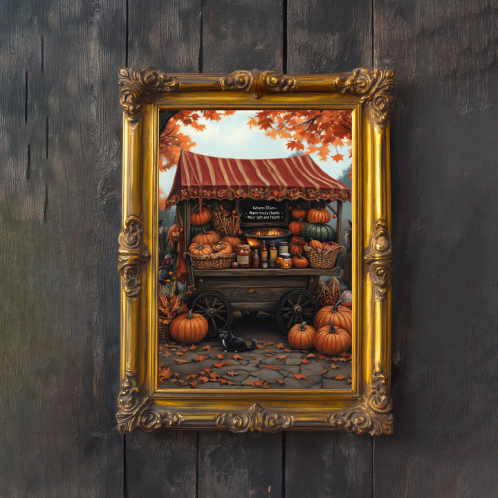 Witch's Pumpkin Wagon Print, Vintage Autumn Cottagecore Wall Art