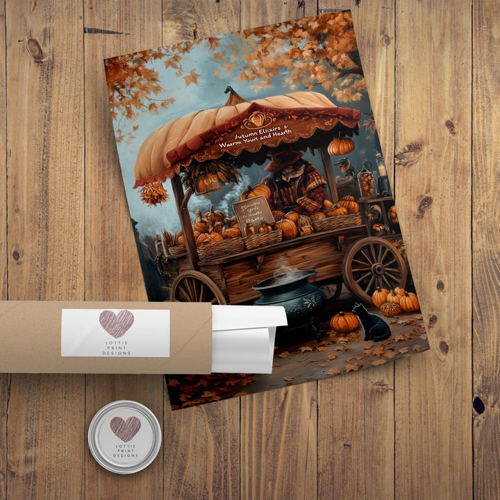 Witch's Pumpkin Wagon Print, Vintage Autumn Cottagecore Art